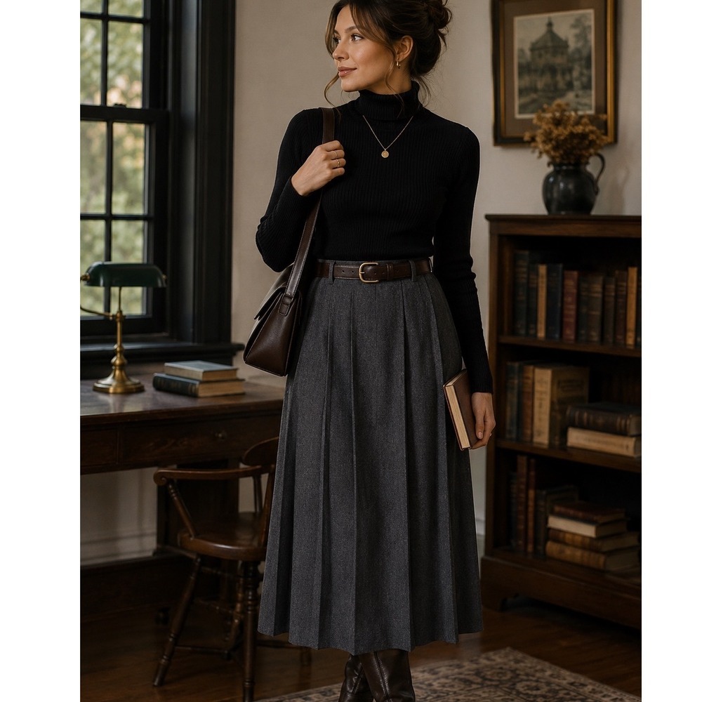 Vintage John Meyer Pleated Skirt Women 12 Gray Worsted Wool Midi Dark Academia